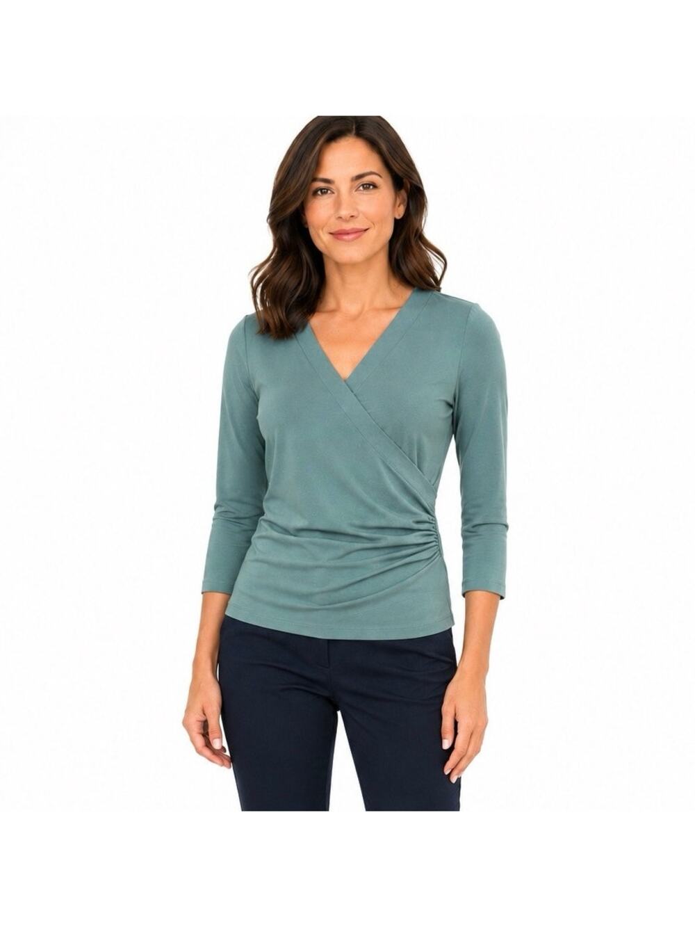 Lauren Ralph Lauren Sage Green Faux Wrap Ruched Stretch Top Women’s Size L *flaw